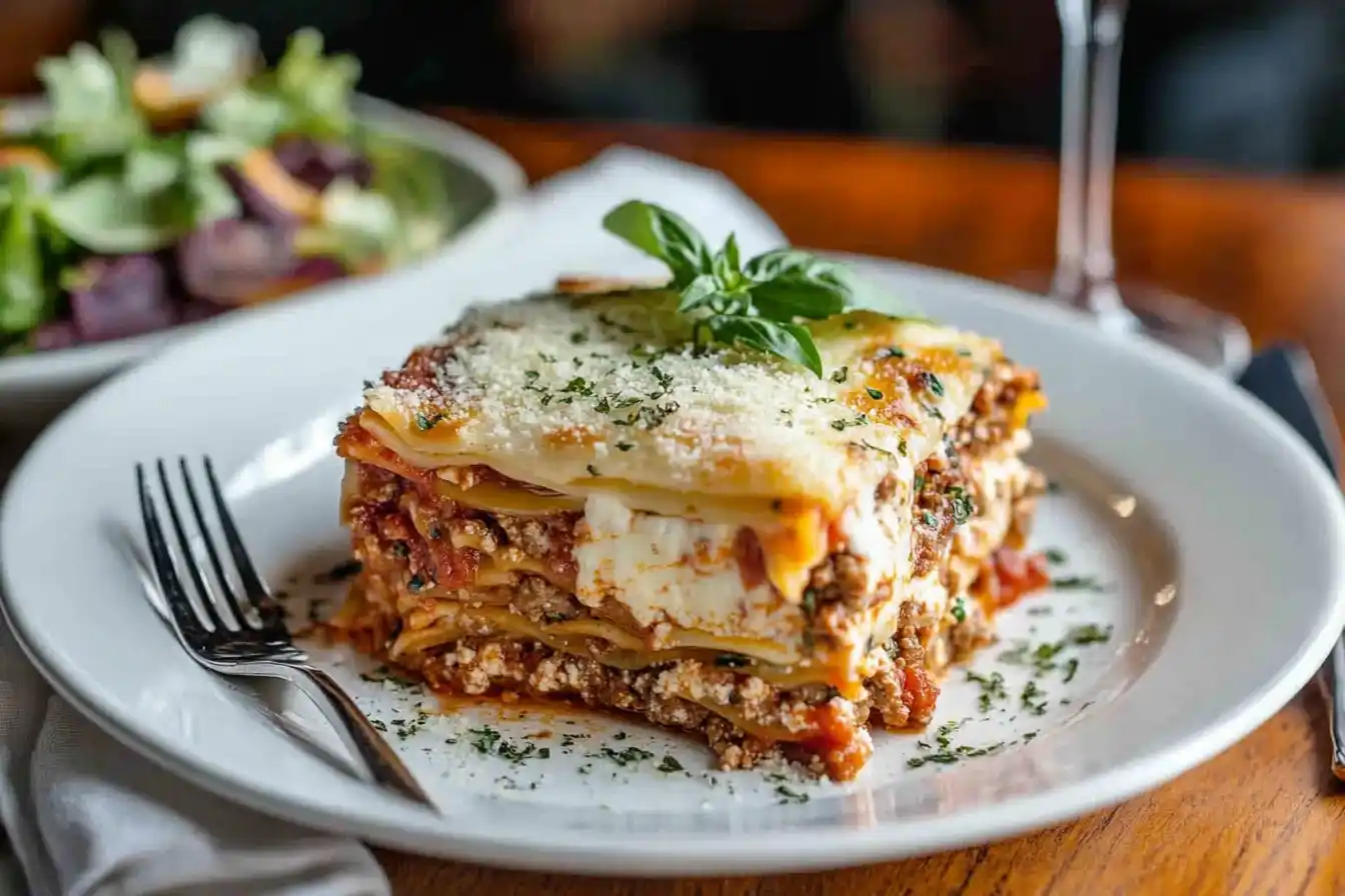 A freshly baked Barilla lasagna in a glass dish on a wooden table, topped with golden cheese and garnished with basil leaves.