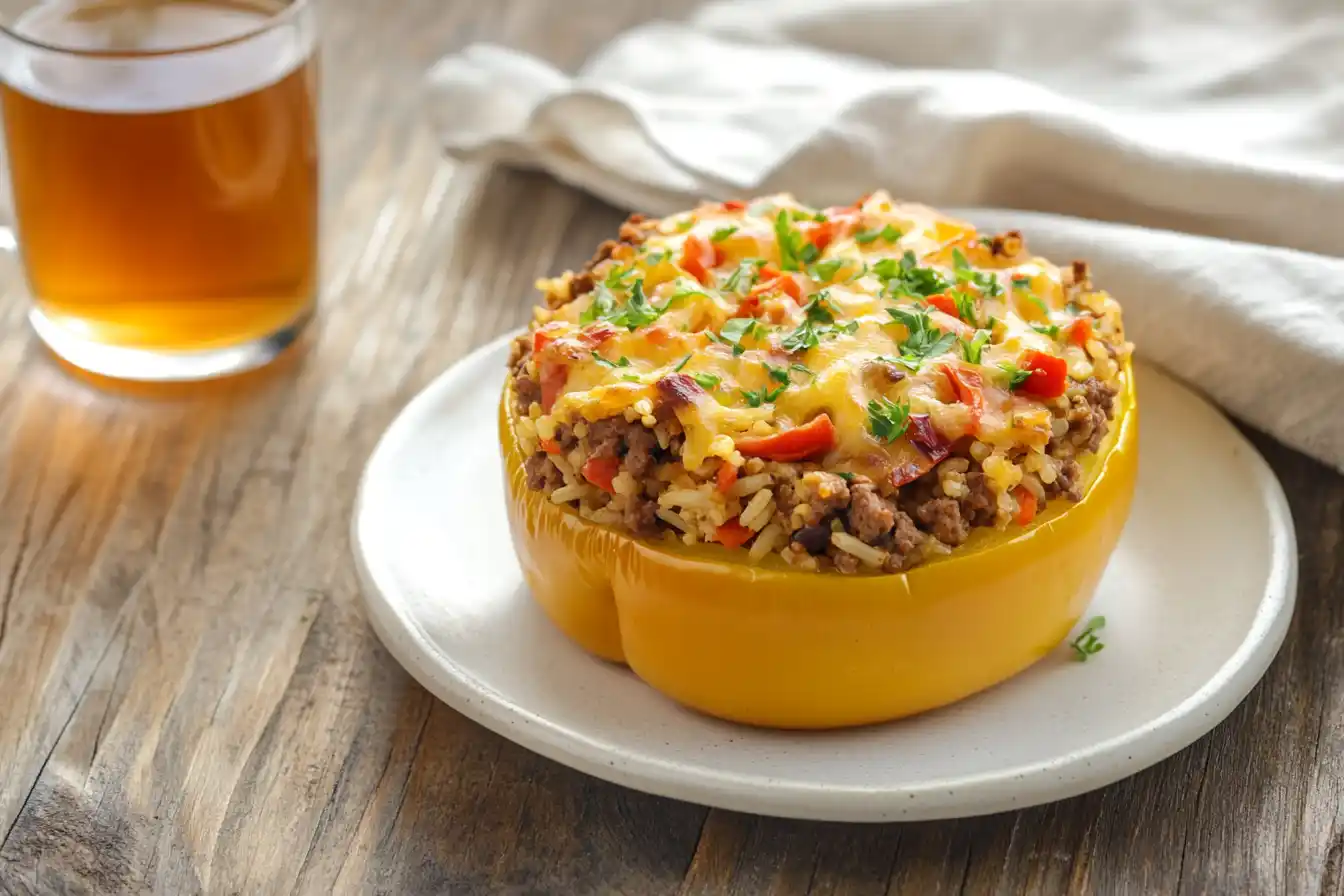 A plated Costco stuffed bell pepper halved to reveal rice, meat, cheese, and veggies on a white plate with a wooden table.