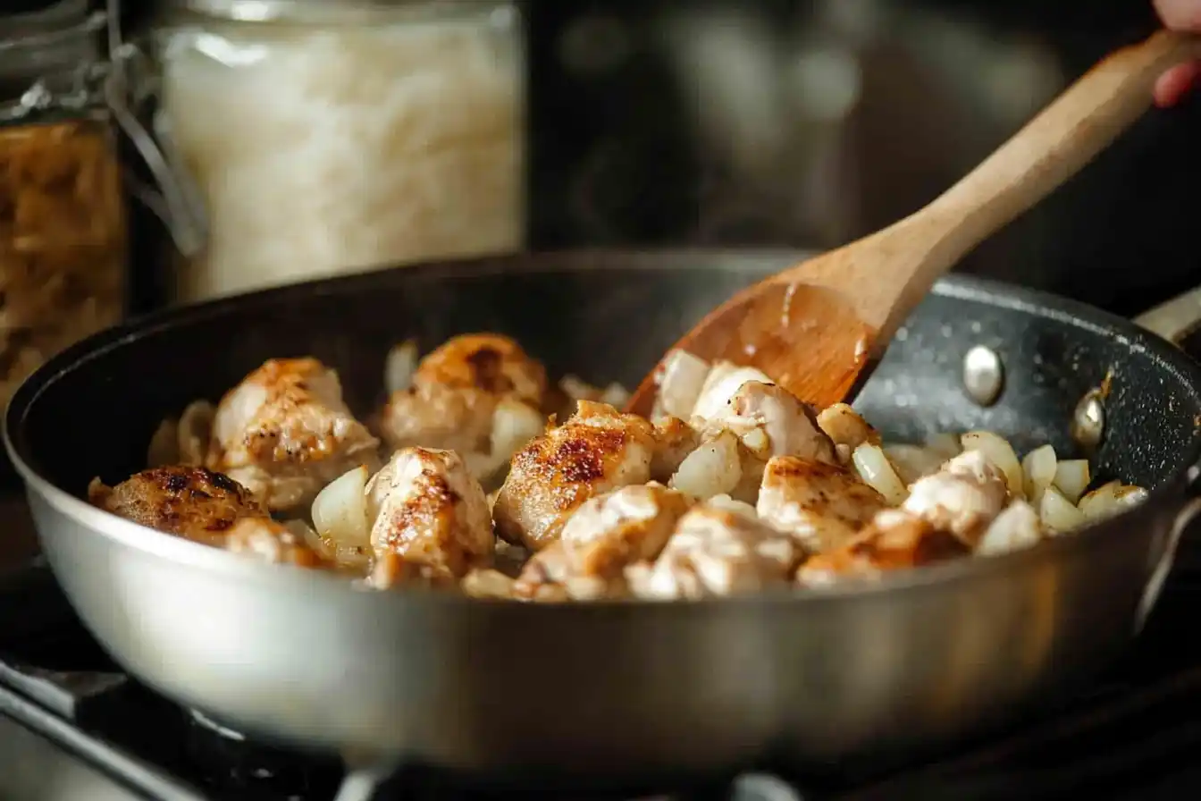 Chicken, onions, and garlic cooking in a skillet with a wooden spoon stirring the ingredients.