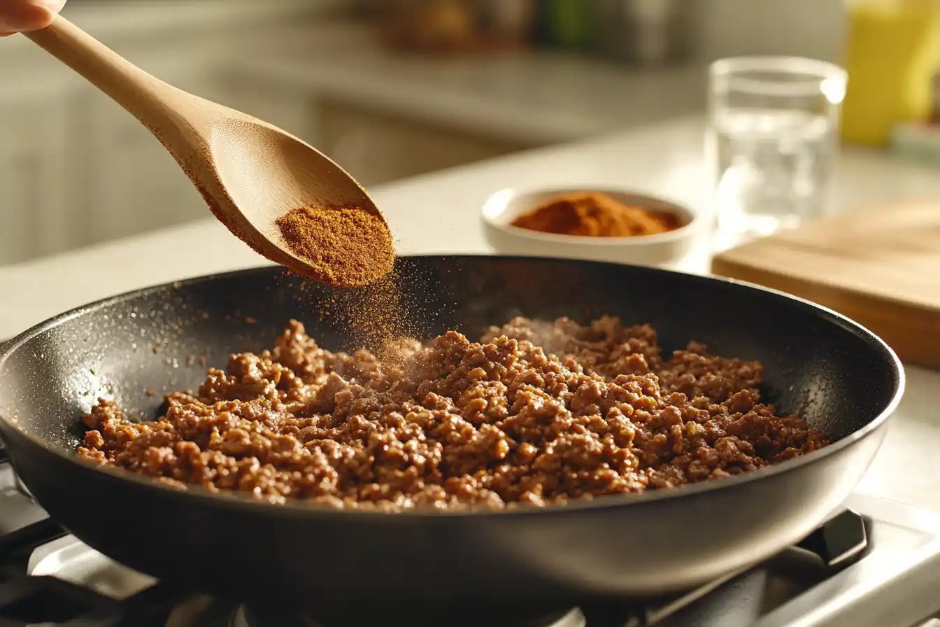 Ground beef in a skillet being seasoned with taco spices, with a wooden spoon stirring the mixture.