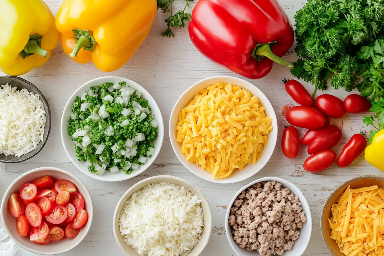 Ingredients for Costco stuffed peppers, including colorful bell peppers, meat, rice, cheese, and vegetables.