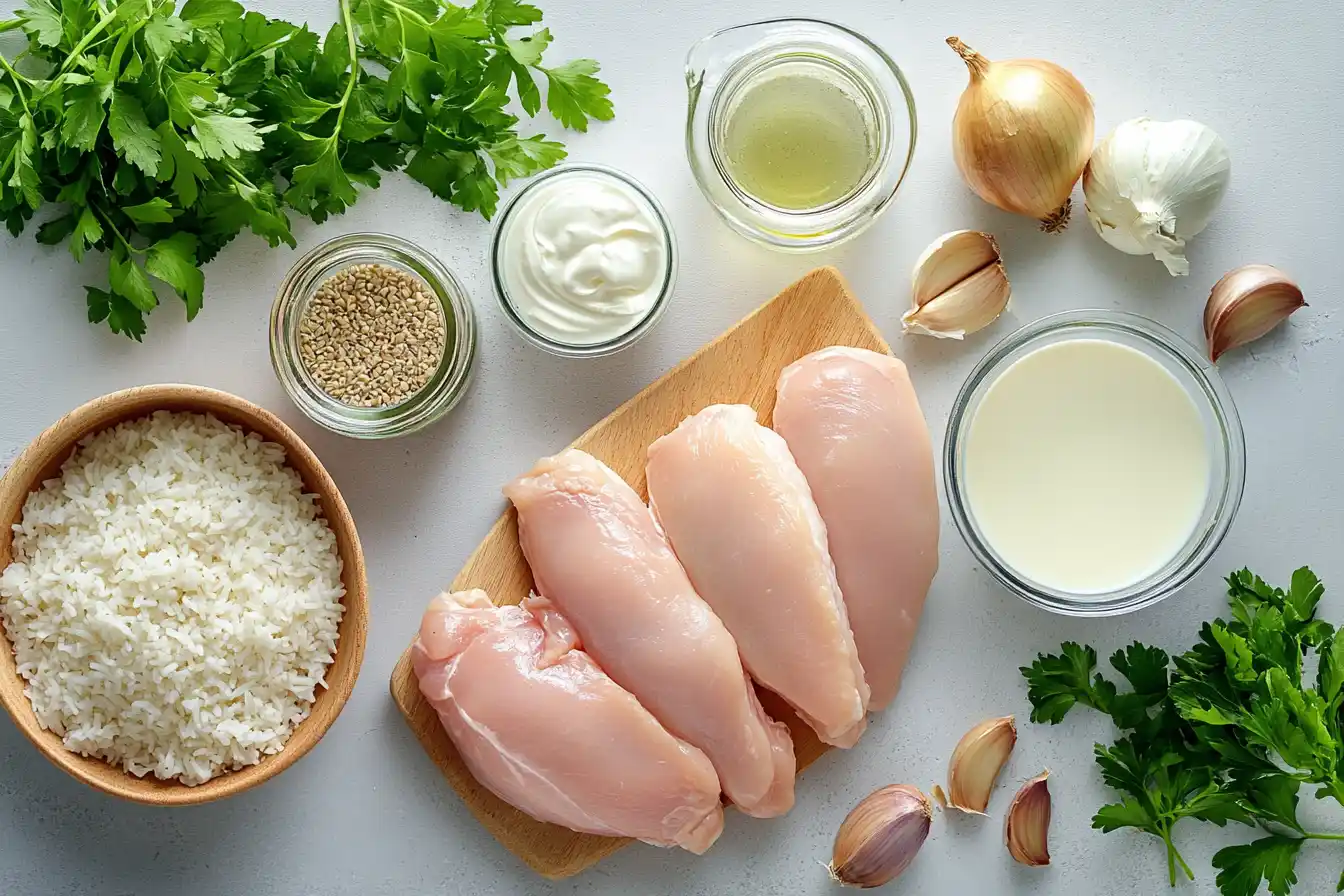 Ingredients for creamy chicken and rice arranged on a gray countertop, including raw chicken, rice, and herbs.