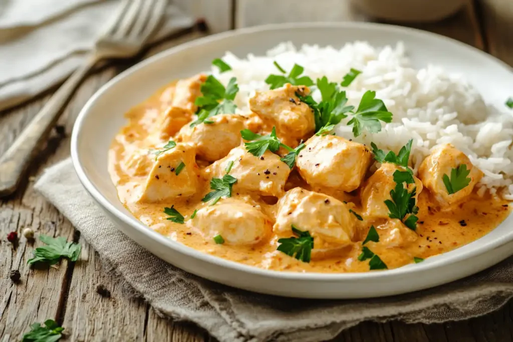 A bowl of creamy chicken and rice garnished with parsley on a rustic wooden table.