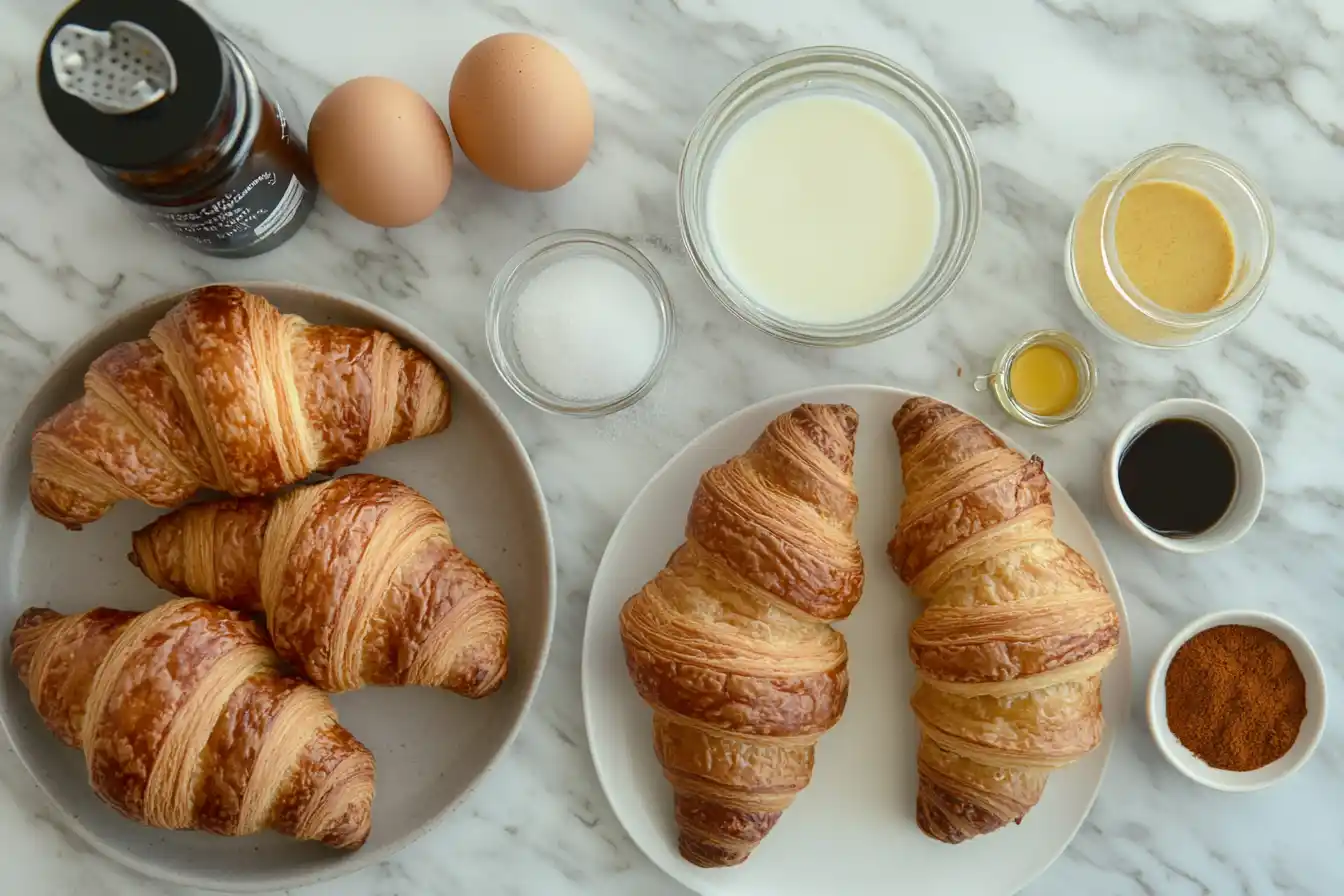 Ingredients for croissant french toast including croissants, eggs, milk, sugar, and vanilla on a kitchen counter.