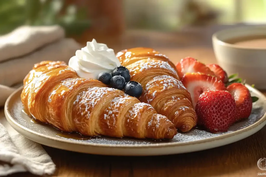 Golden brown croissant french toast topped with syrup, berries, and whipped cream on a wooden table.