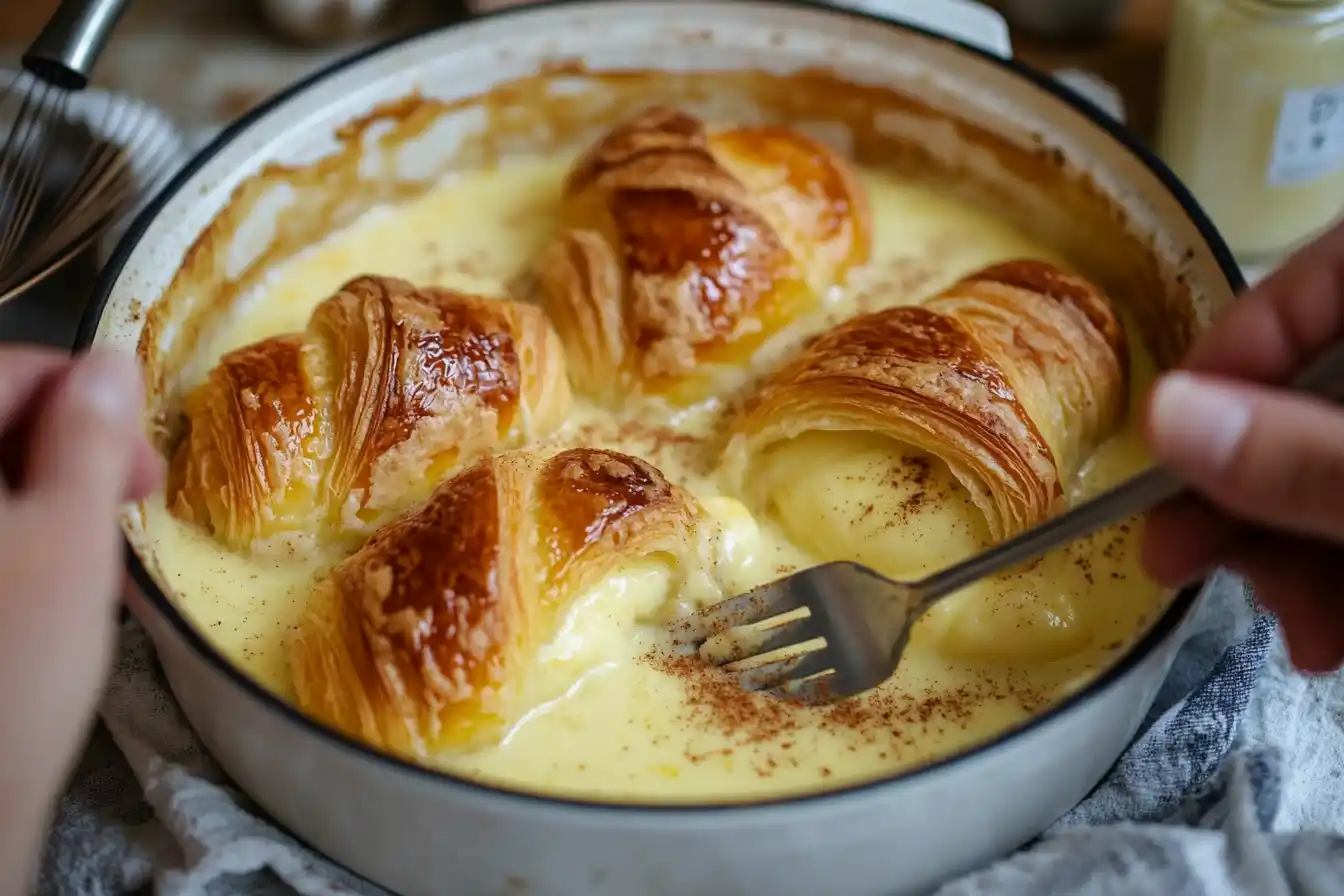 Croissants soaking in a creamy custard mixture with a hand pressing them down using a fork.