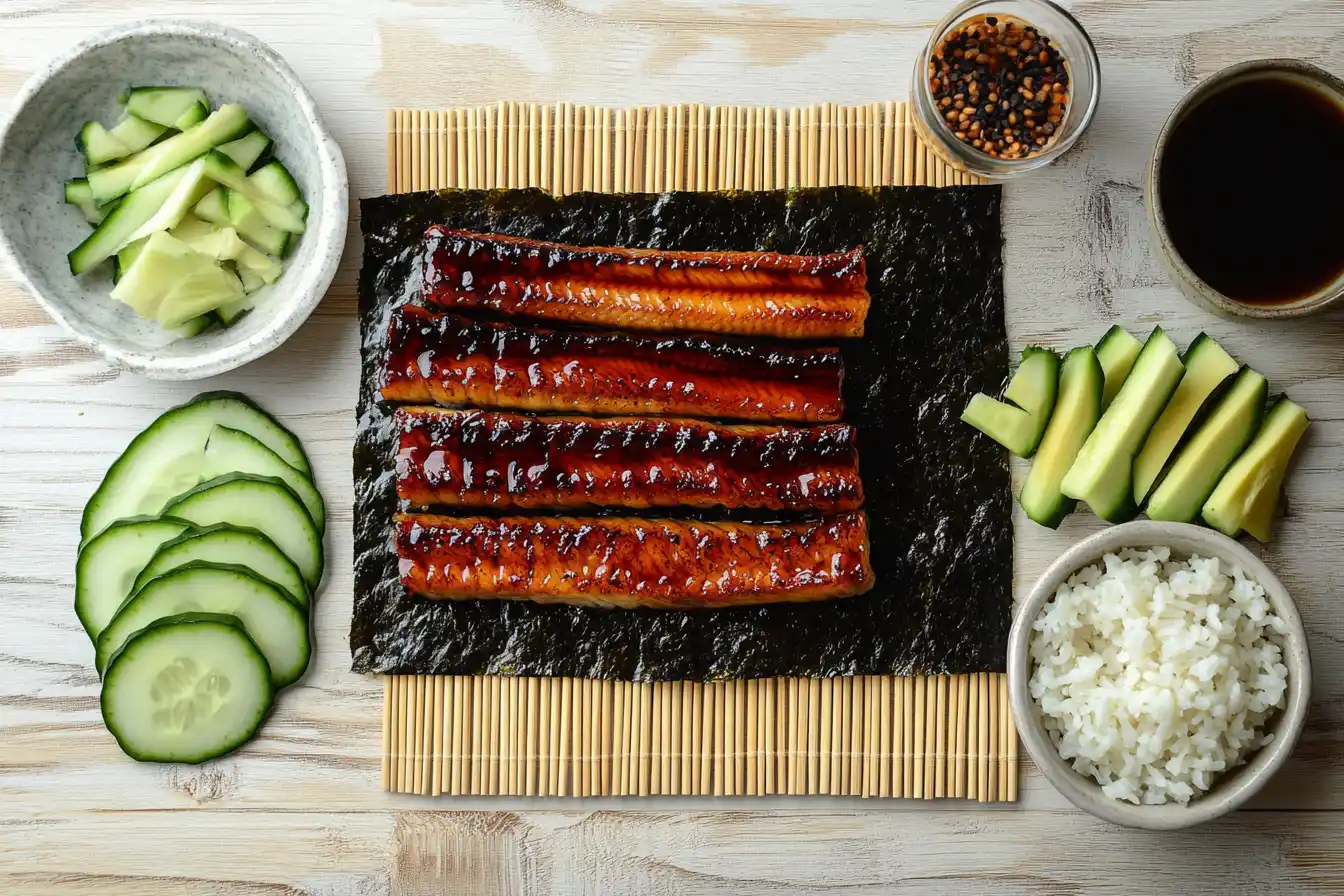 Essential ingredients for a dragon roll, including avocado, grilled eel, cucumber, sushi rice, and nori, laid out on a bamboo mat.