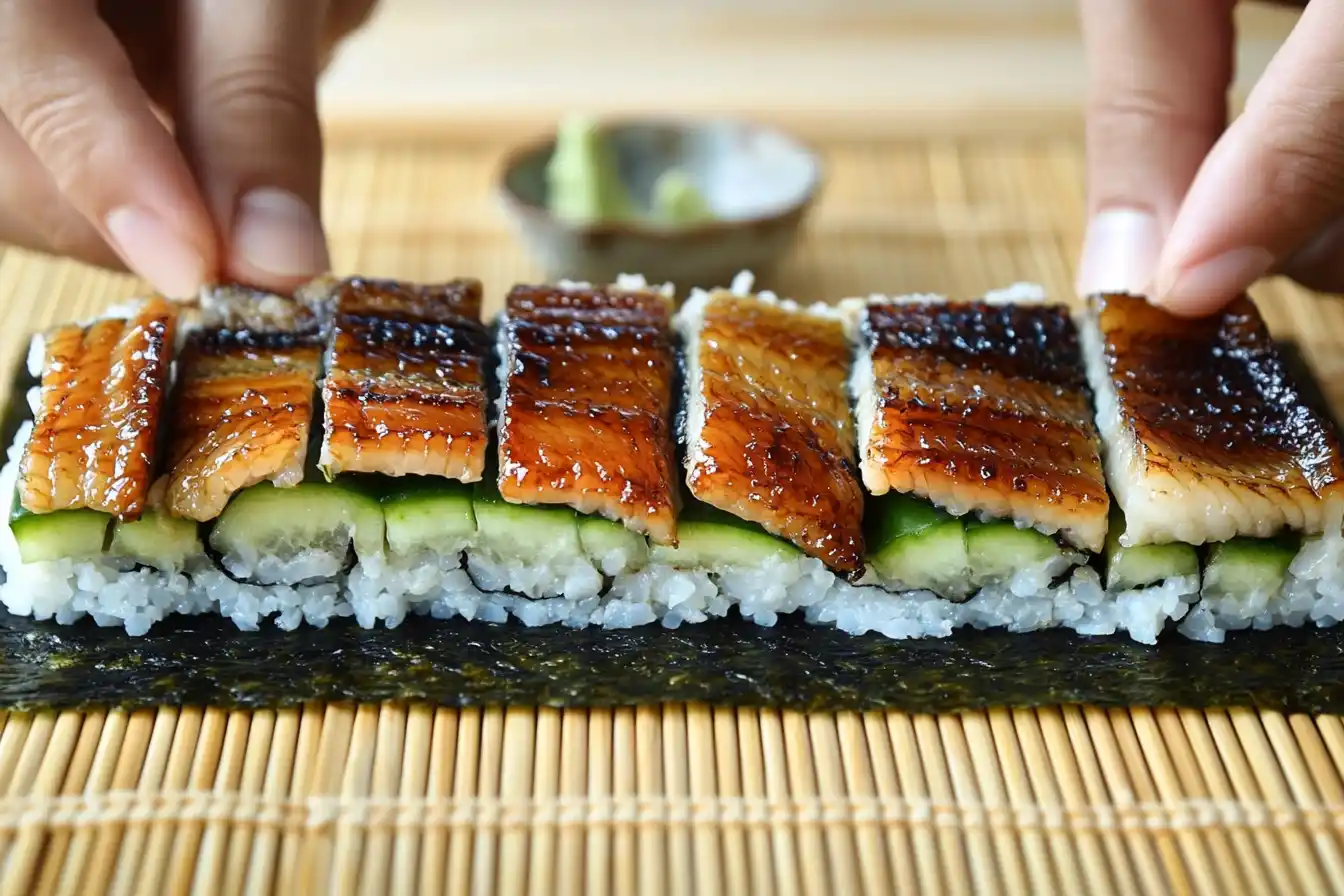 Hands rolling a dragon roll sushi with a bamboo mat, showing layers of nori, rice, eel, and avocado.