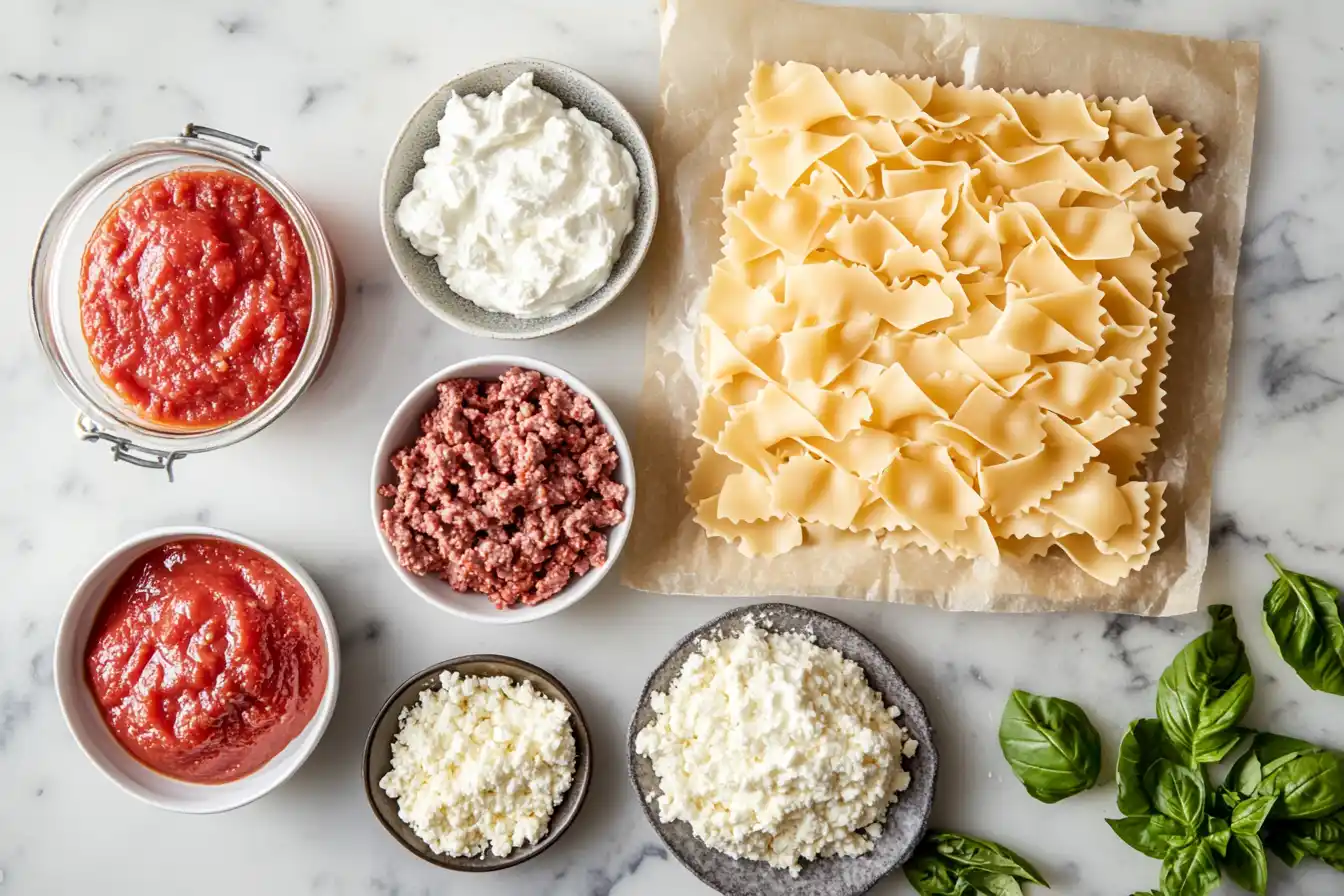 Ingredients for Barilla lasagna, including pasta, cheese, meat, marinara sauce, and fresh basil, on a marble countertop.