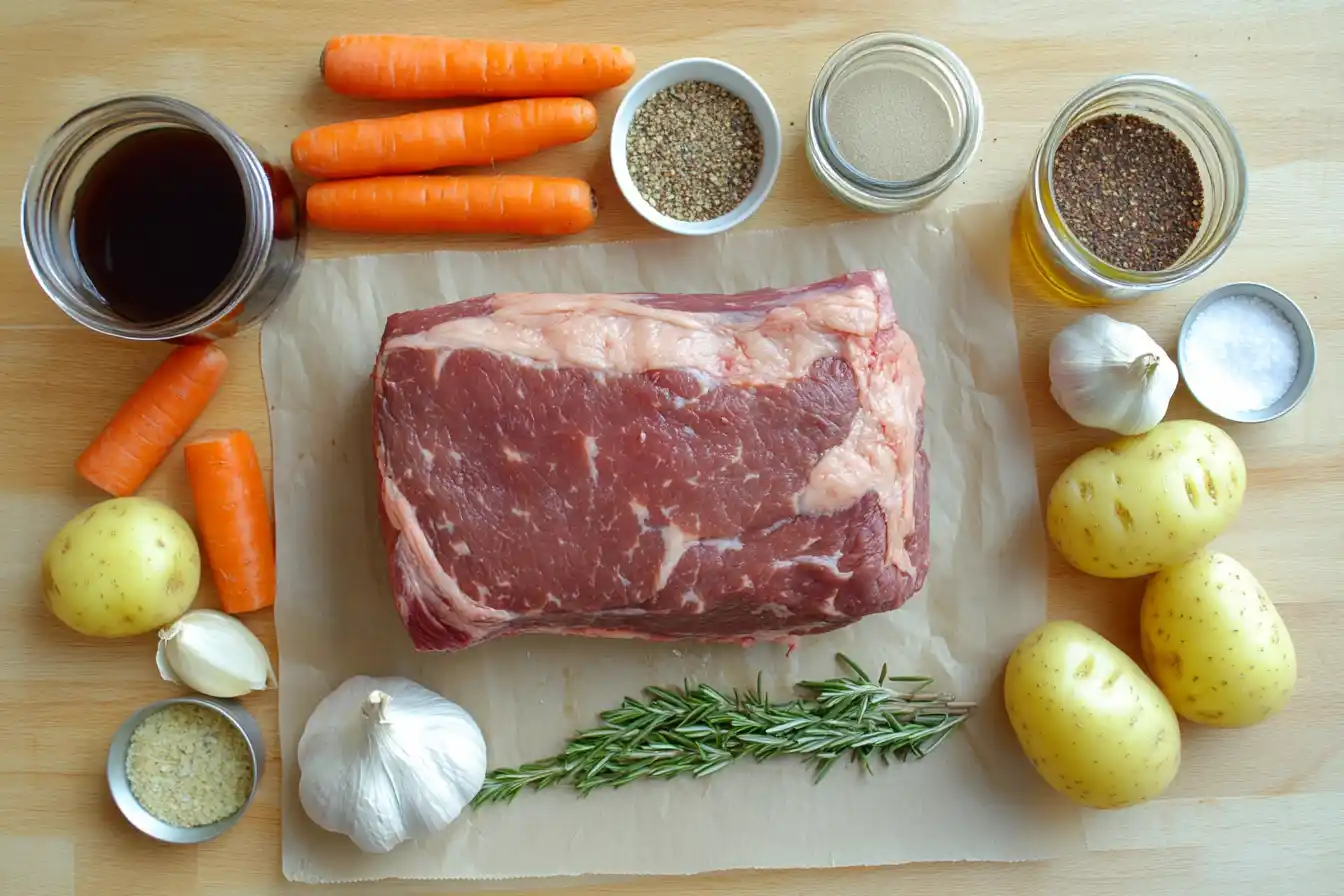 Raw boneless beef chuck roast surrounded by carrots, potatoes, onions, garlic, and seasonings on a wooden table.