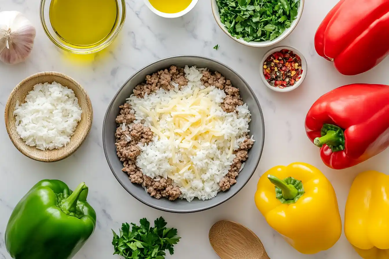 Fresh bell peppers, rice, ground beef, cheese, onions, and parsley arranged on a marble countertop with a wooden spoon.