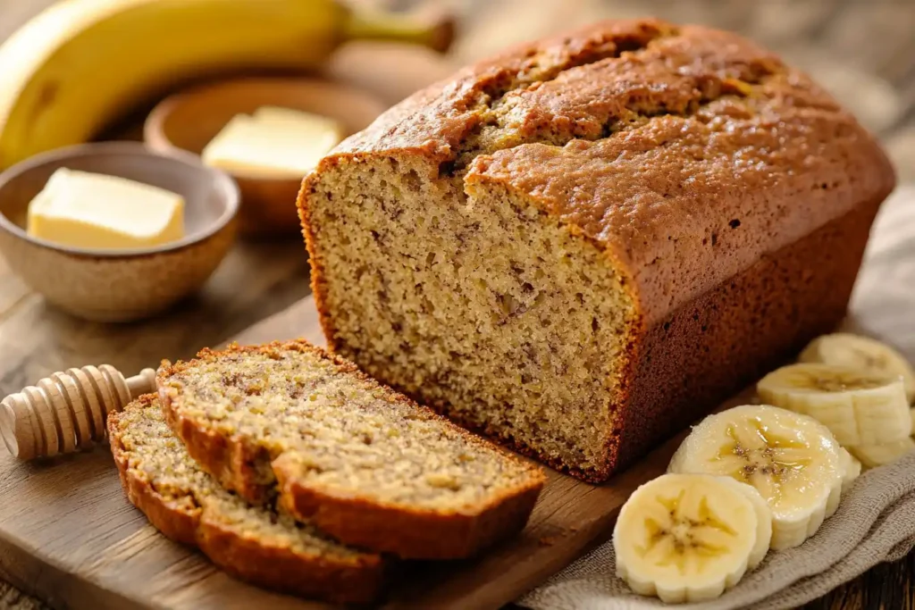 A loaf of sliced banana bread on a wooden table with butter, honey, and banana slices.