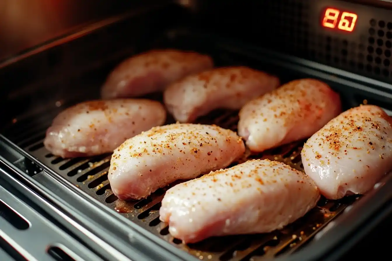 Seasoned chicken breasts inside an air fryer basket with a visible temperature setting of 375°F.