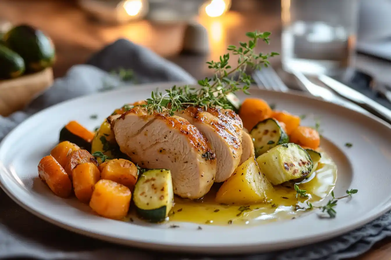 A sliced air-fried chicken breast with roasted carrots and zucchini on a white plate, garnished with thyme.