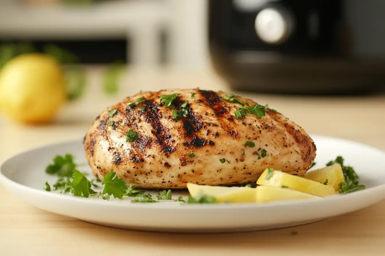 A cooked chicken breast with grill marks, garnished with parsley and lemon on a white plate.