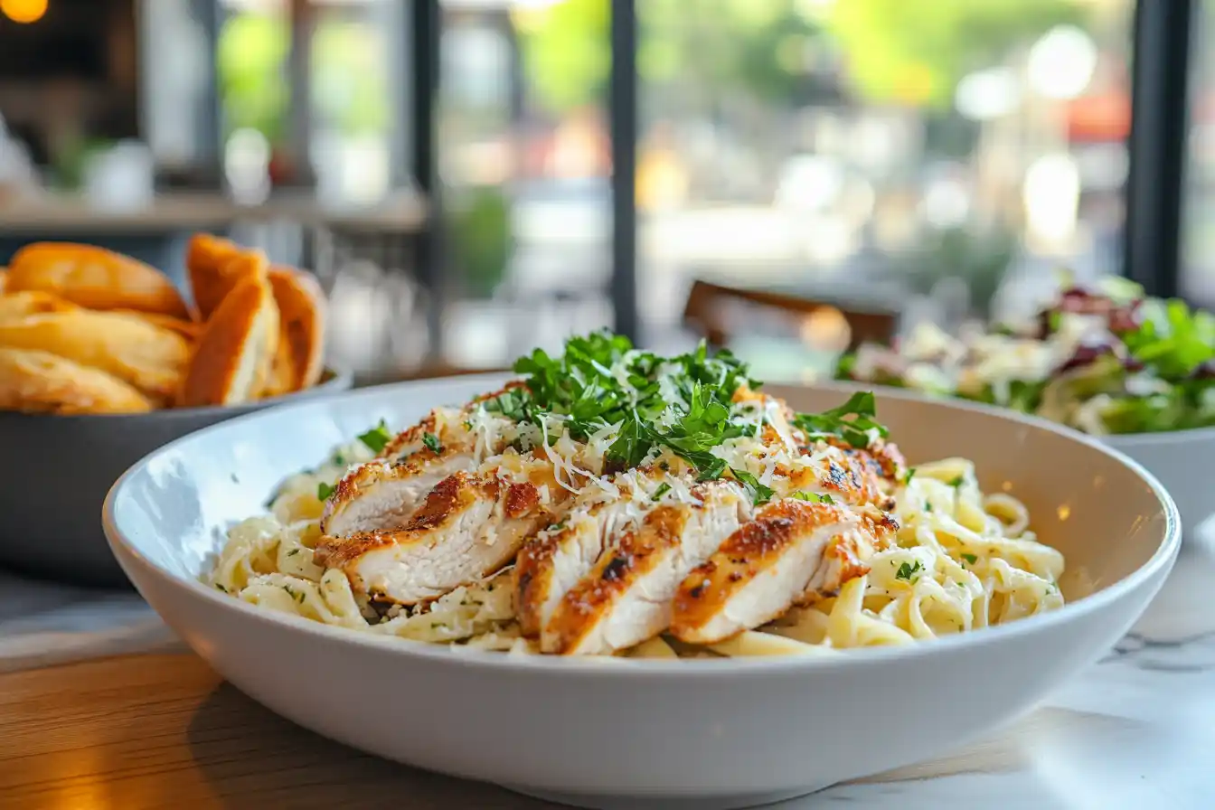 A serving dish of garlic parmesan chicken pasta with garlic bread, a Caesar salad, and a glass of white wine on a dinner table.