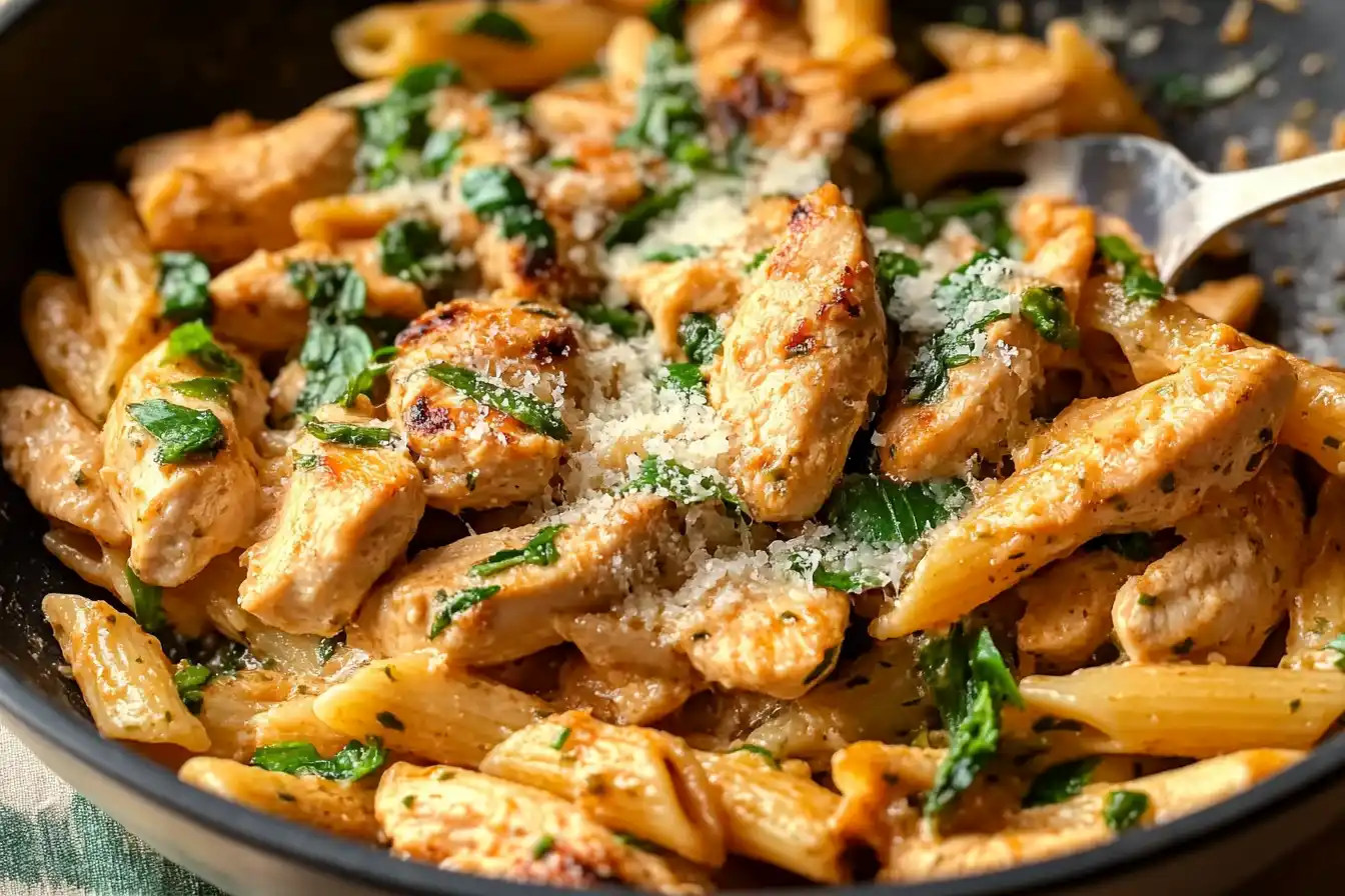 A plate of creamy garlic parmesan chicken pasta with sliced chicken, parmesan cheese, and parsley on a rustic wooden table.