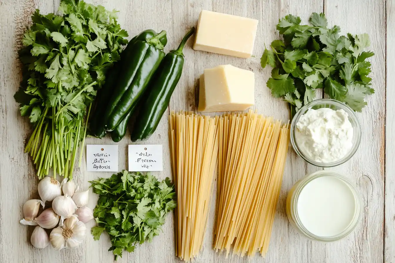 A neatly arranged flat lay of ingredients for green spaghetti, including poblano peppers, cilantro, cream cheese, garlic, milk, and dry spaghetti.