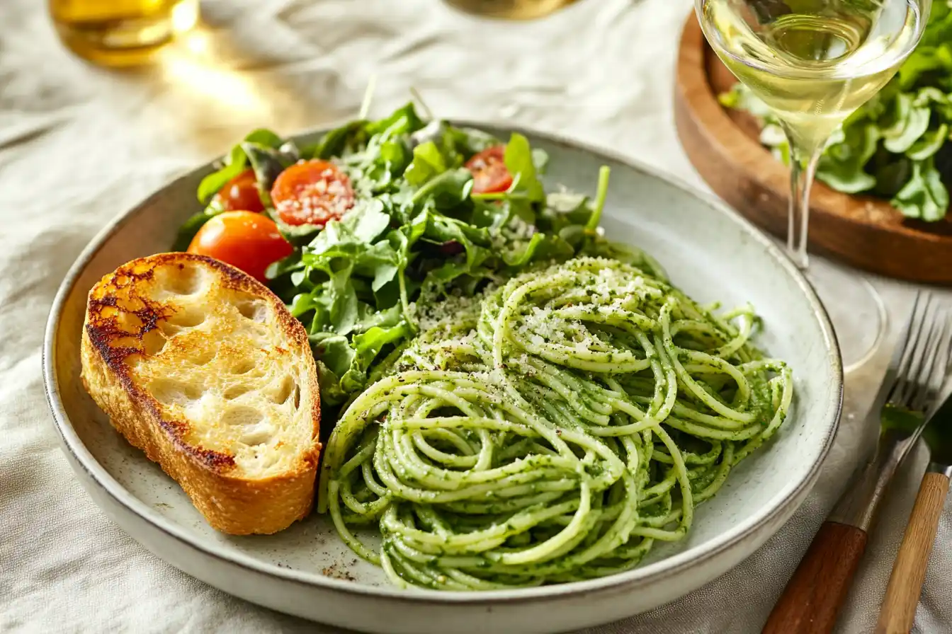 A plate of green spaghetti with garlic bread and a side salad, served on a cozy, warmly lit dining table.