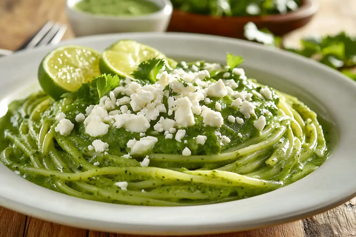 A plate of green spaghetti with poblano sauce, garnished with cilantro and cheese, on a rustic wooden table.