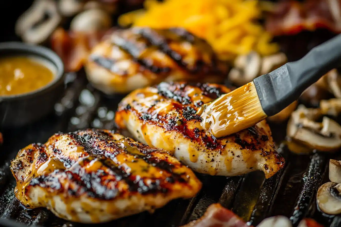 Chicken breasts with grill marks being brushed with honey mustard marinade on a grill pan, with bacon cooking nearby.