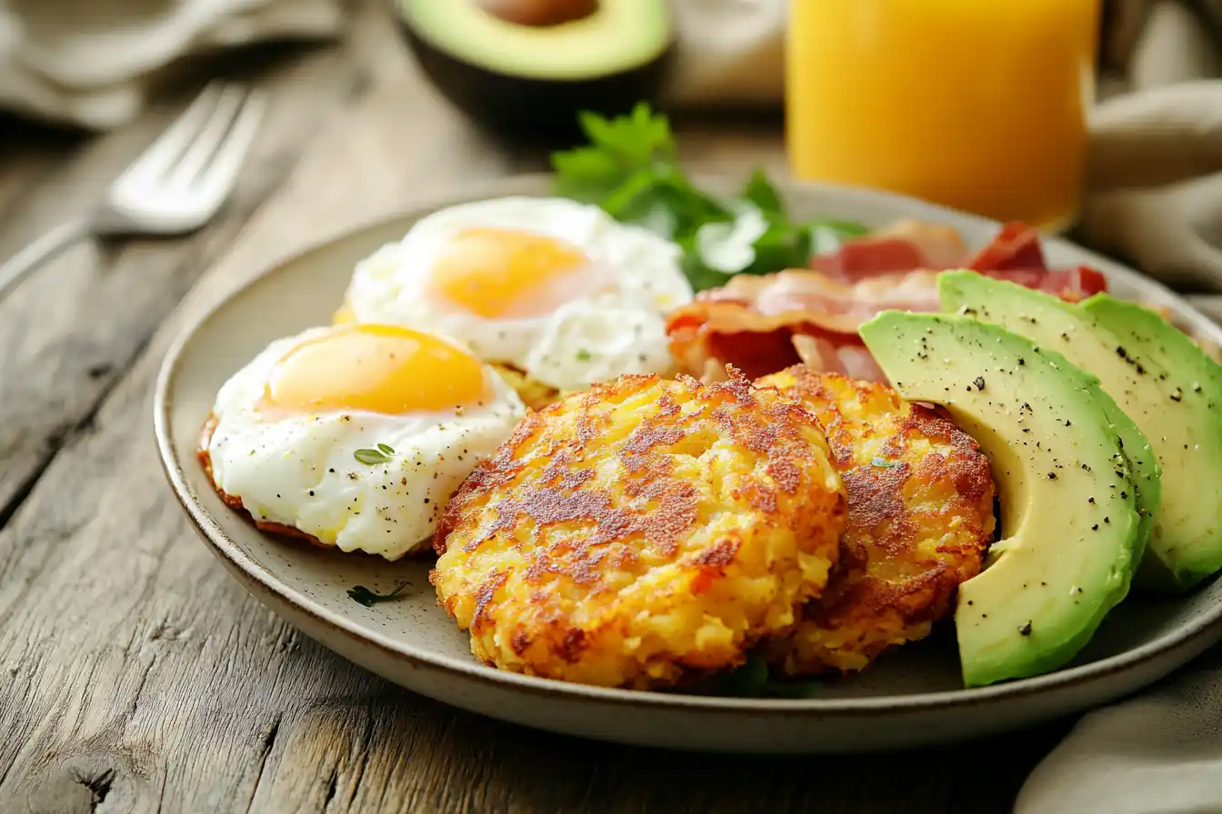 Hash brown patties served with eggs and avocado on a breakfast plate