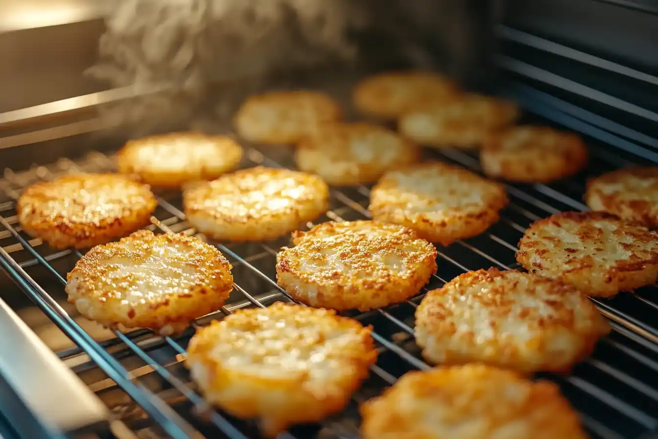 Frozen hash brown patties arranged in an air fryer basket