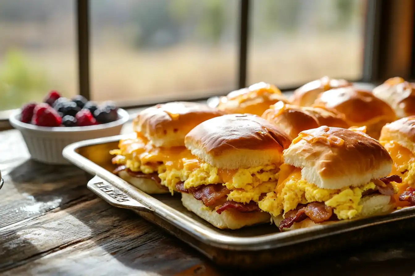 A tray of Hawaiian roll breakfast sliders with scrambled eggs, bacon, and cheese, served alongside a cup of coffee and mixed berries.