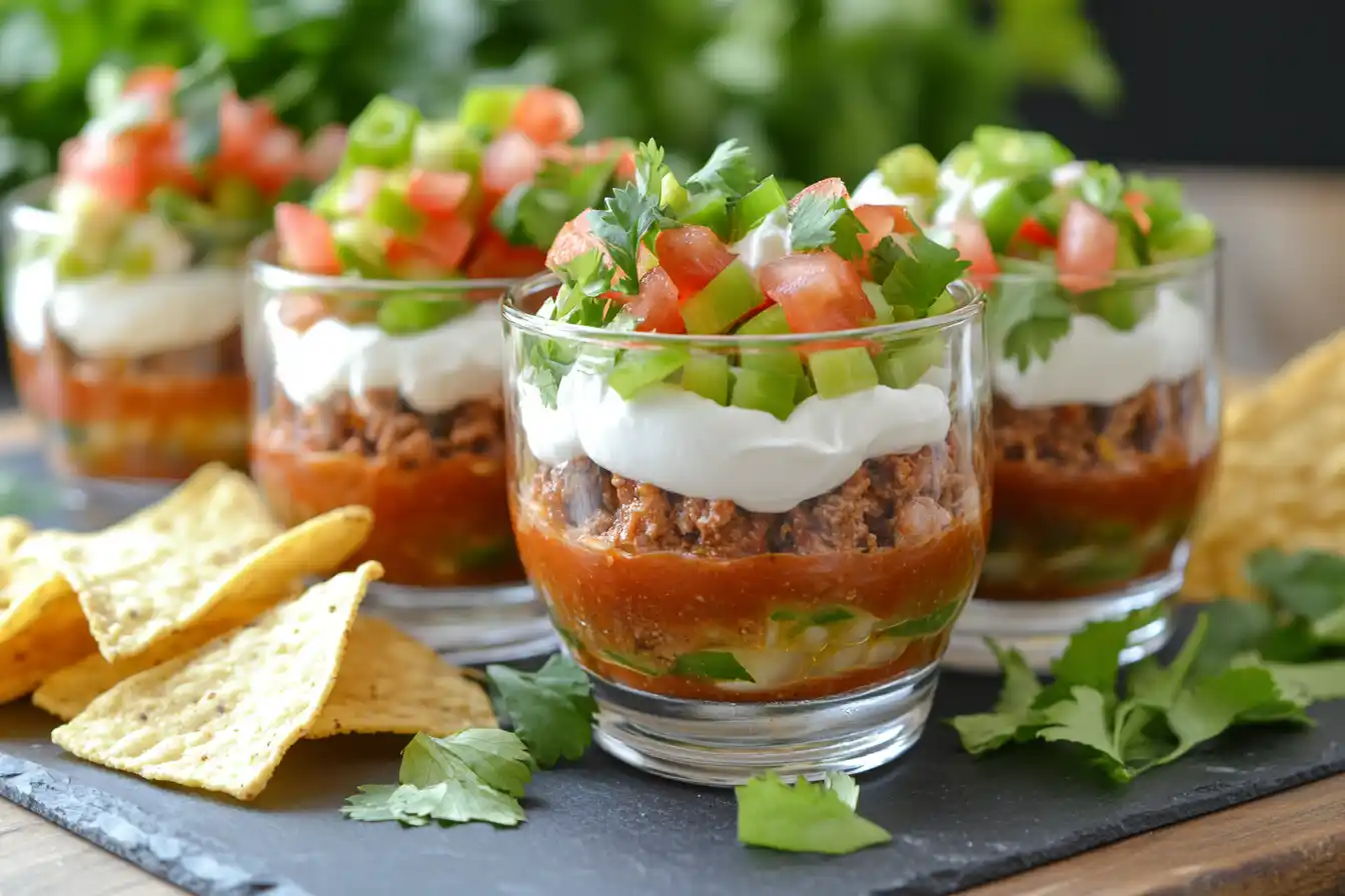 Individual cups of layered taco dip with tortilla chips on a slate board.