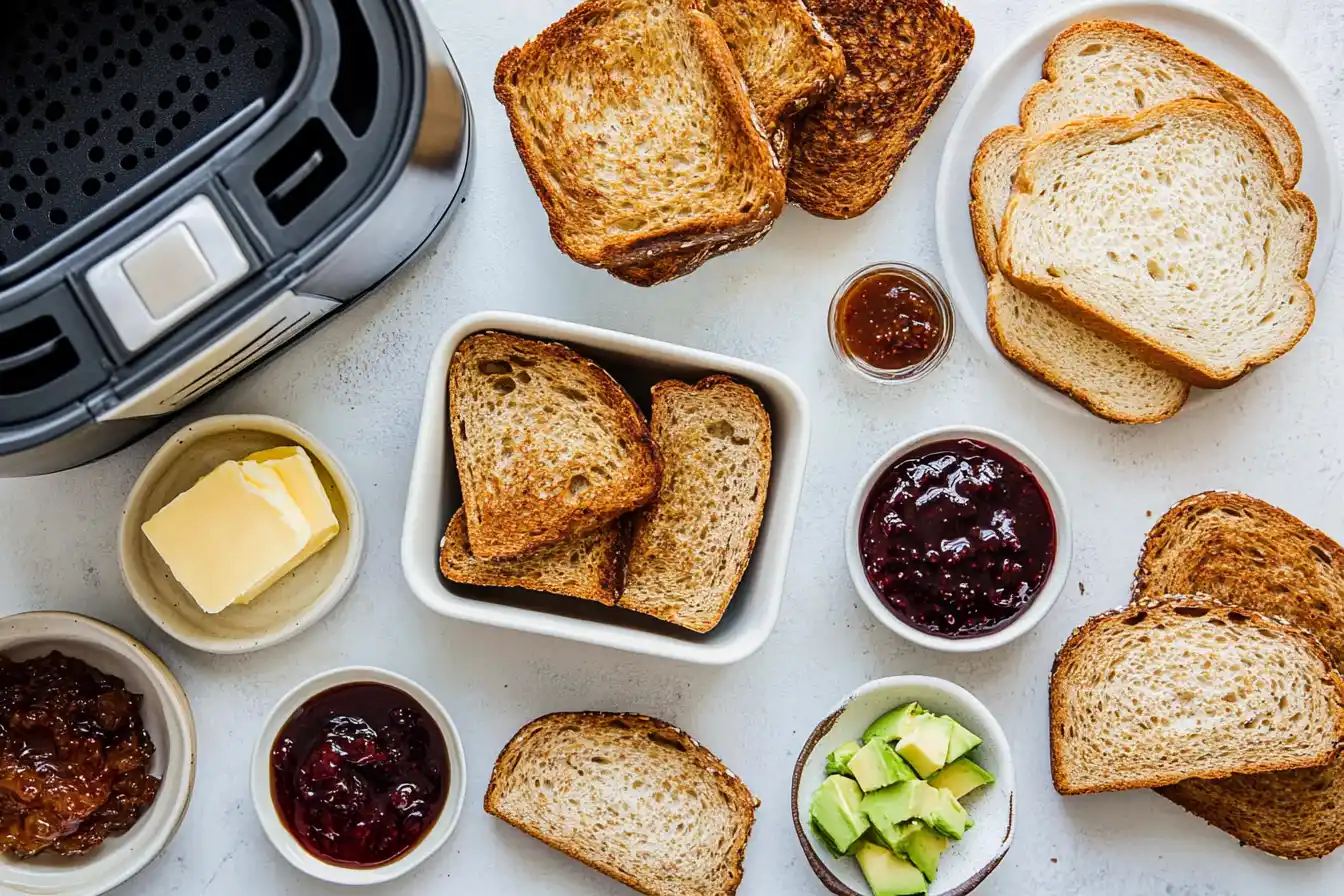 A selection of bread types, butter, and an open air fryer in a kitchen setup.