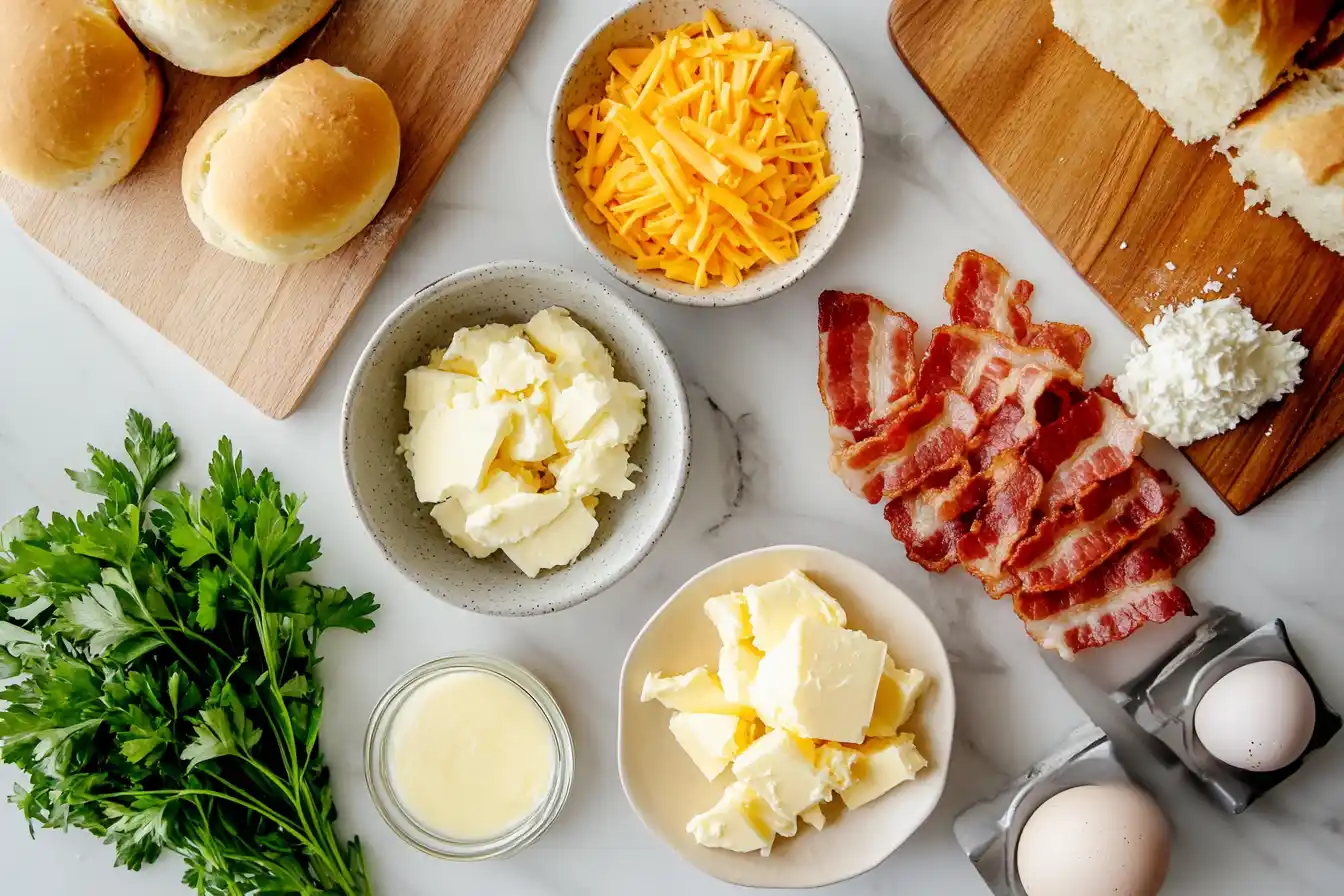 Ingredients for Hawaiian roll breakfast sliders, including a pack of rolls, eggs, bacon, shredded cheese, and melted butter.