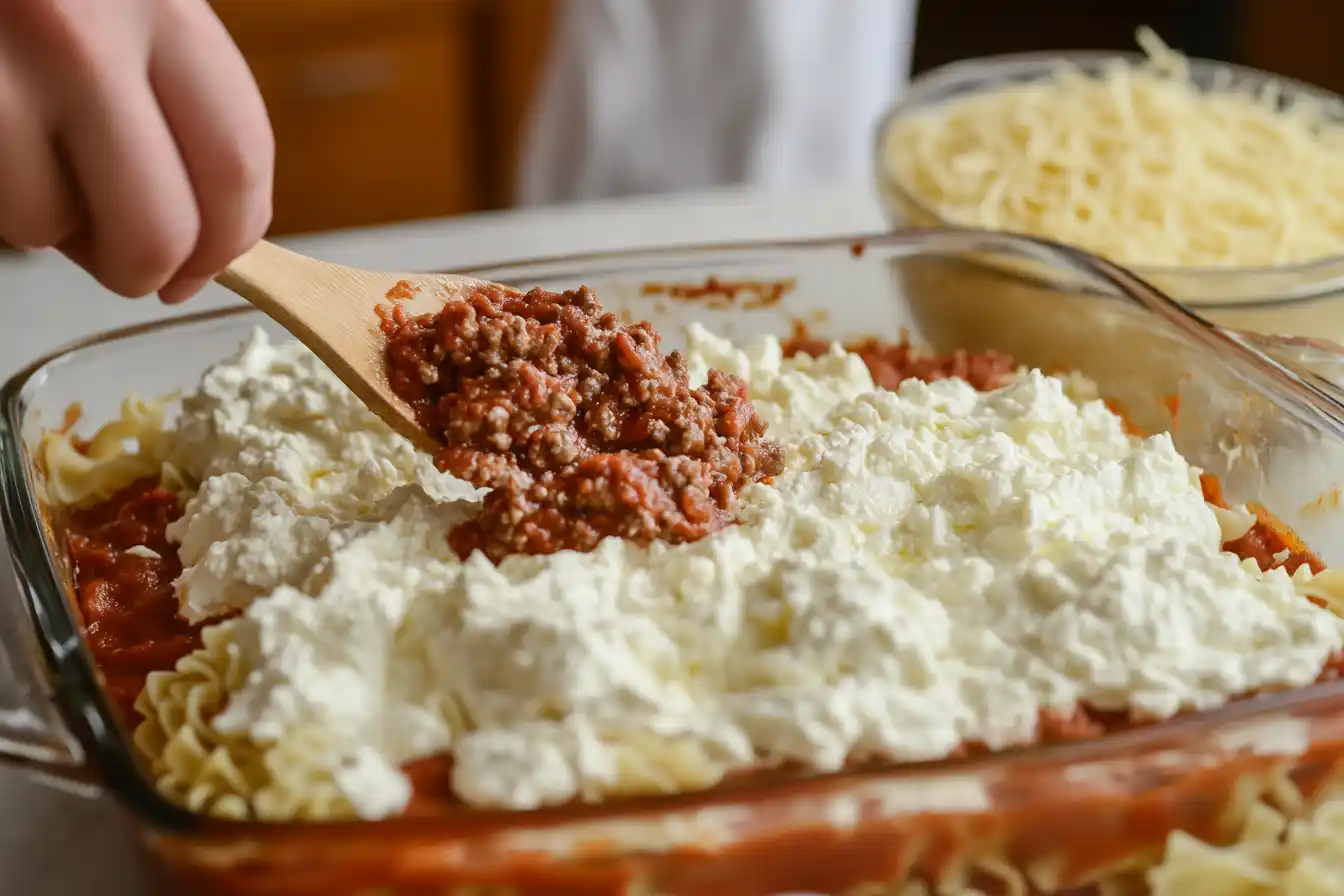 A person layering Barilla lasagna with meat sauce, noodles, and ricotta in a glass baking dish.