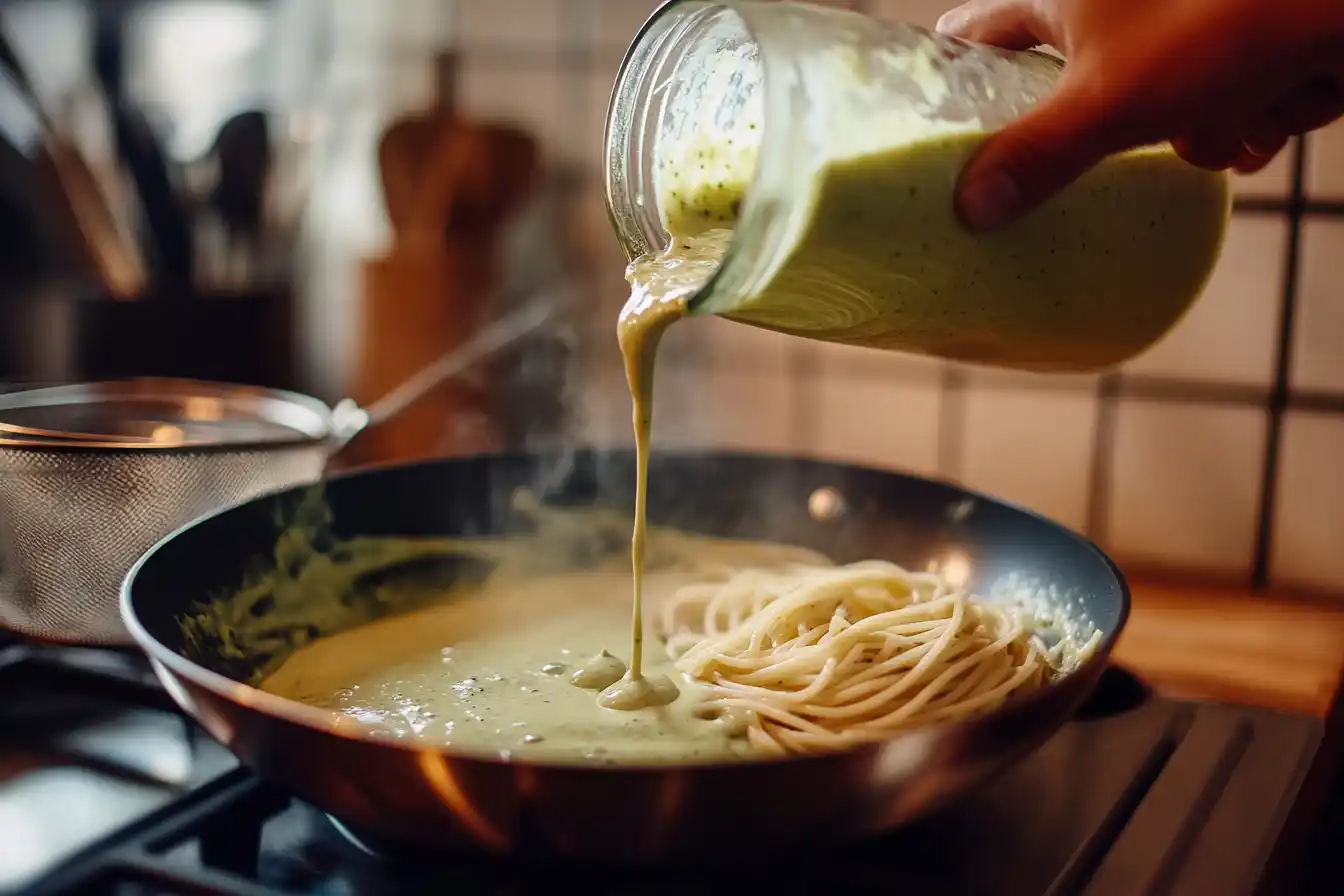 A hand pouring creamy green poblano sauce from a blender into a pan on the stove, with spaghetti waiting in the background.