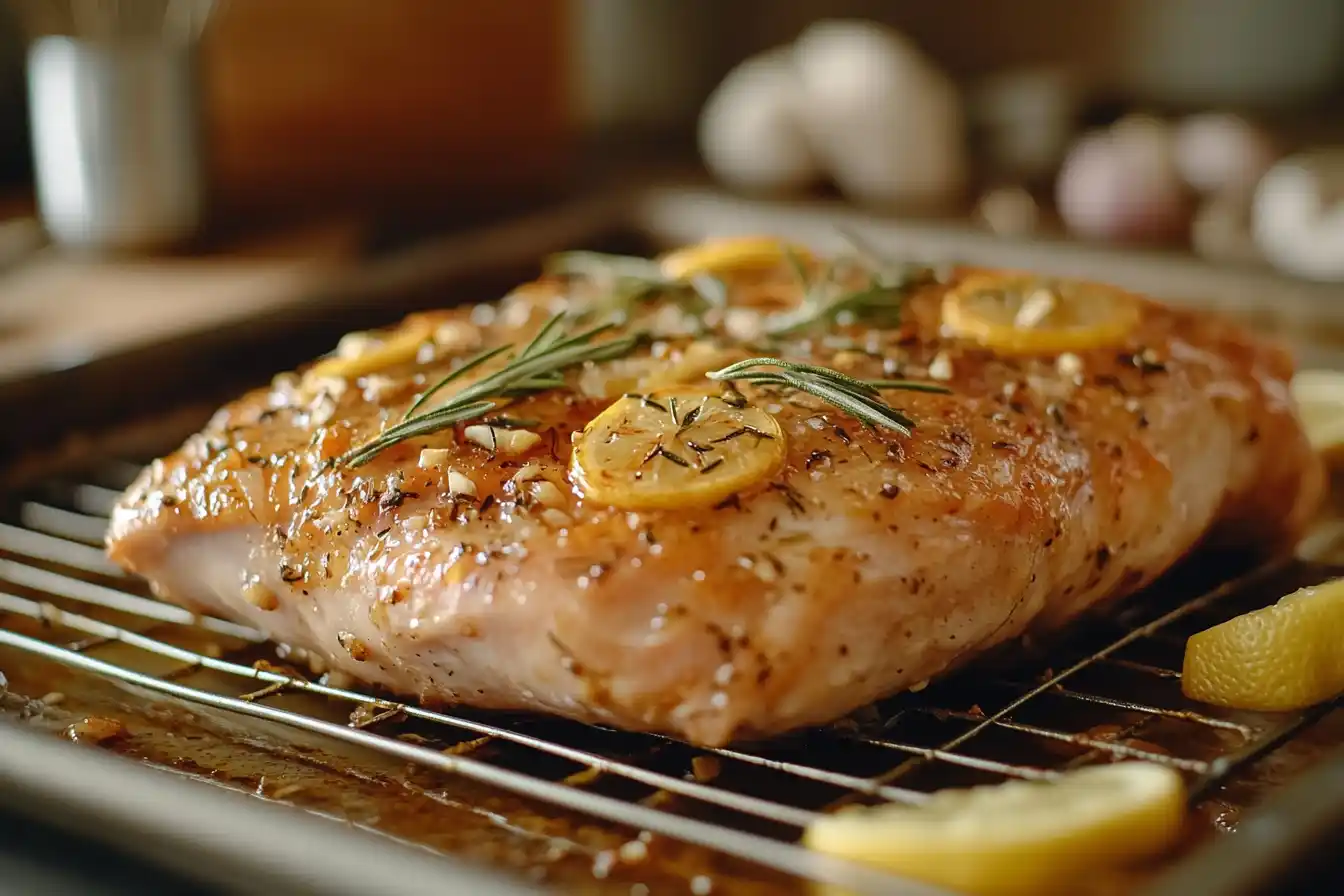 Marinated half chicken on a wire rack with rosemary, garlic, and lemon slices, ready for roasting.