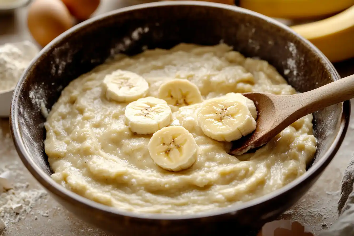 Mixing bowl with mashed bananas being stirred into a batter using a wooden spoon.