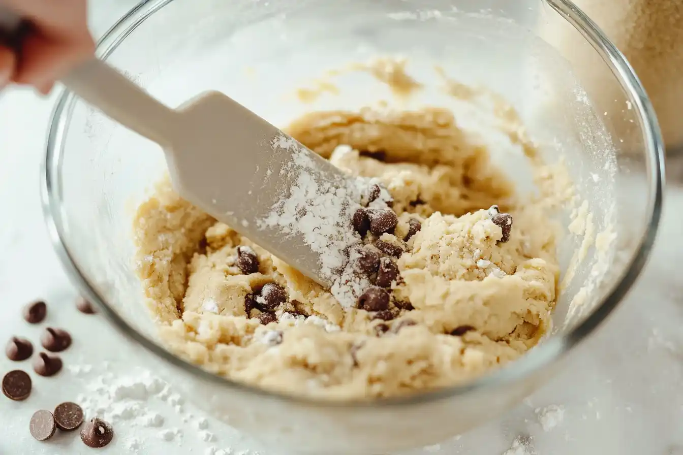 Cookie dough with chocolate chips being stirred in a glass bowl with a wooden spatula.