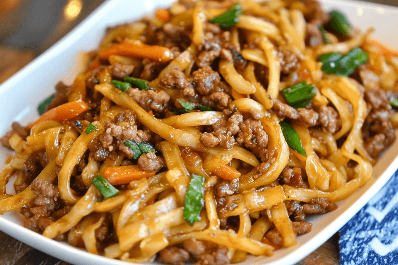 A bowl of Mongolian Ground Beef Noodles topped with green onions and sesame seeds, served on a wooden table with chopsticks.