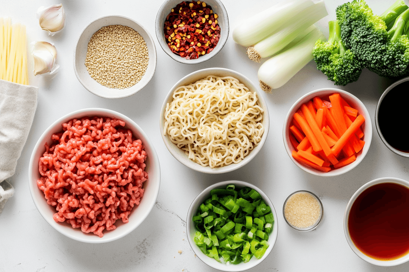 Ingredients for Mongolian Ground Beef Noodles arranged on a countertop, featuring raw ground beef, noodles, and fresh vegetables.