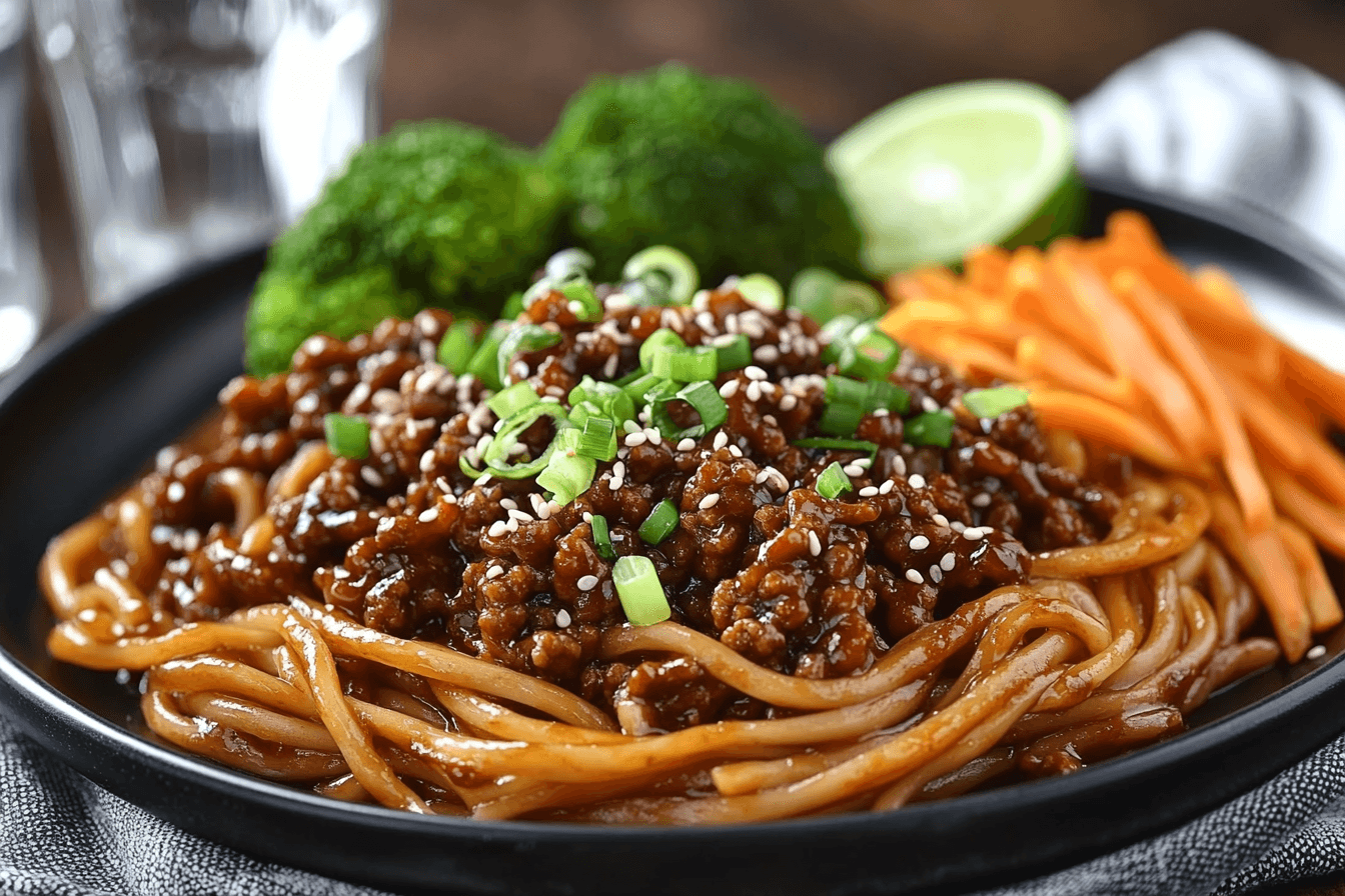 A plate of Mongolian Ground Beef Noodles garnished with green onions and sesame seeds, served with steamed broccoli and pickled carrots.