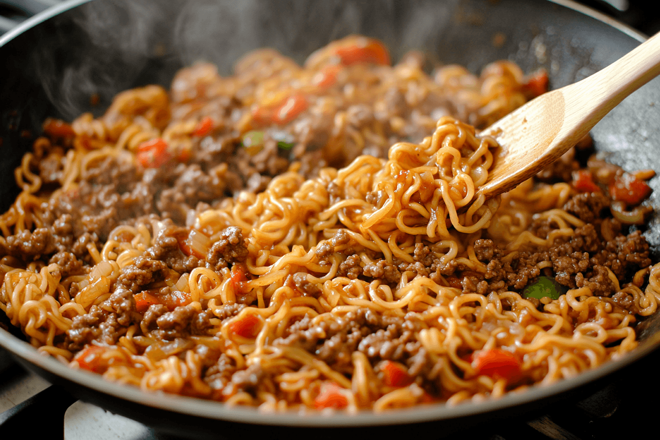 Noodles being stirred in a skillet with ground beef and a glossy sauce, showing the cooking process.