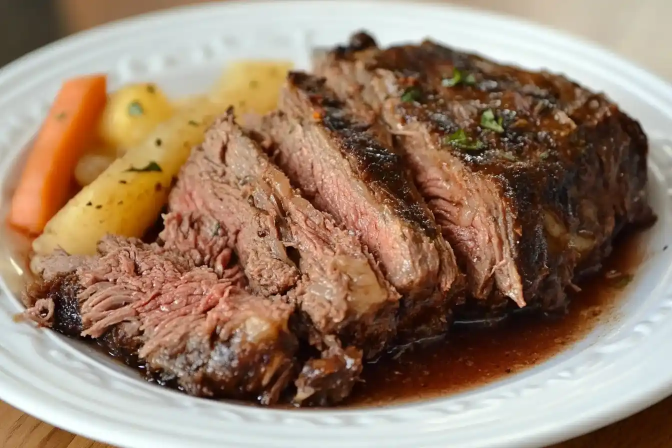 Sliced boneless beef chuck roast on a wooden cutting board with rosemary and thyme.