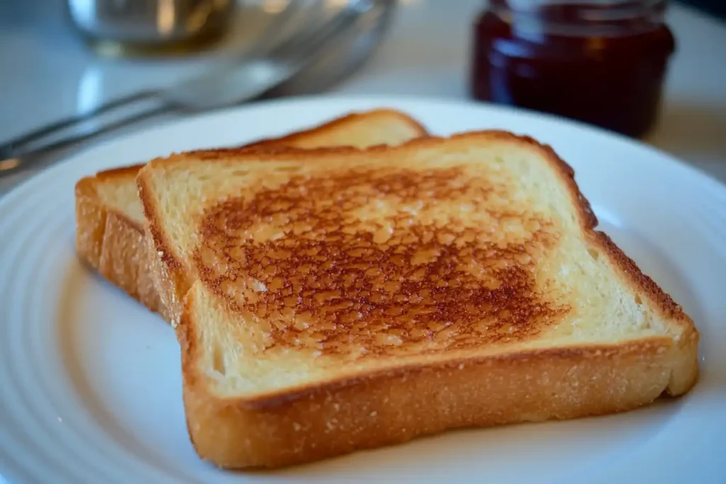 Two slices of golden-brown toast on a white plate with jam and a knife nearby.