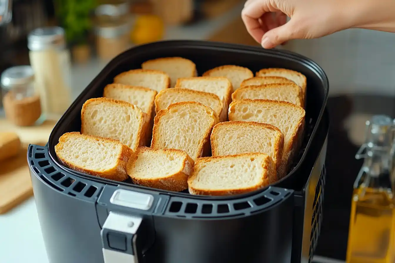 Slices of bread in an air fryer basket being arranged for toasting.