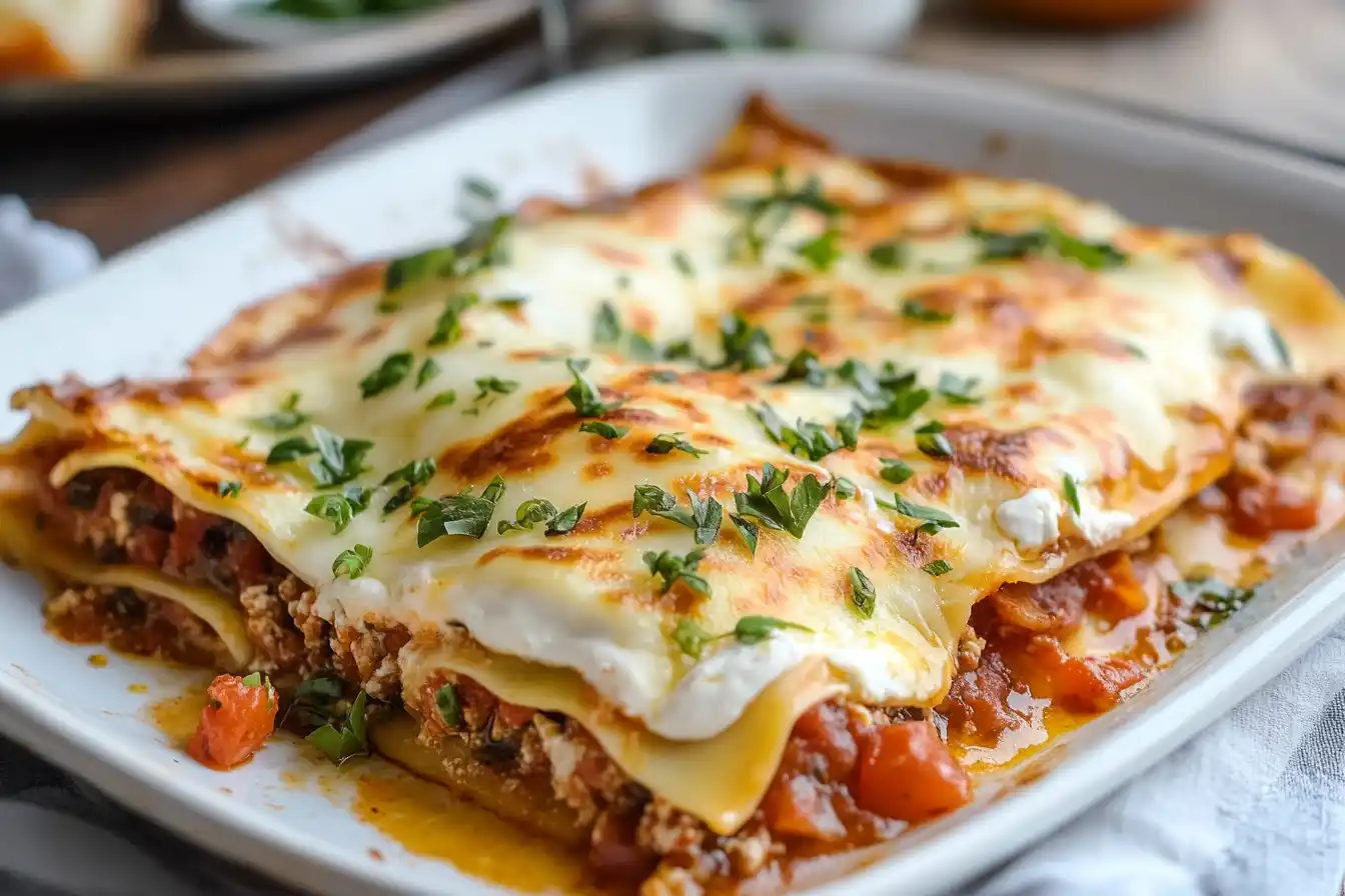 A plated slice of Barilla lasagna with visible layers of noodles, sauce, and cheese, garnished with basil, with a salad and wine in the background.