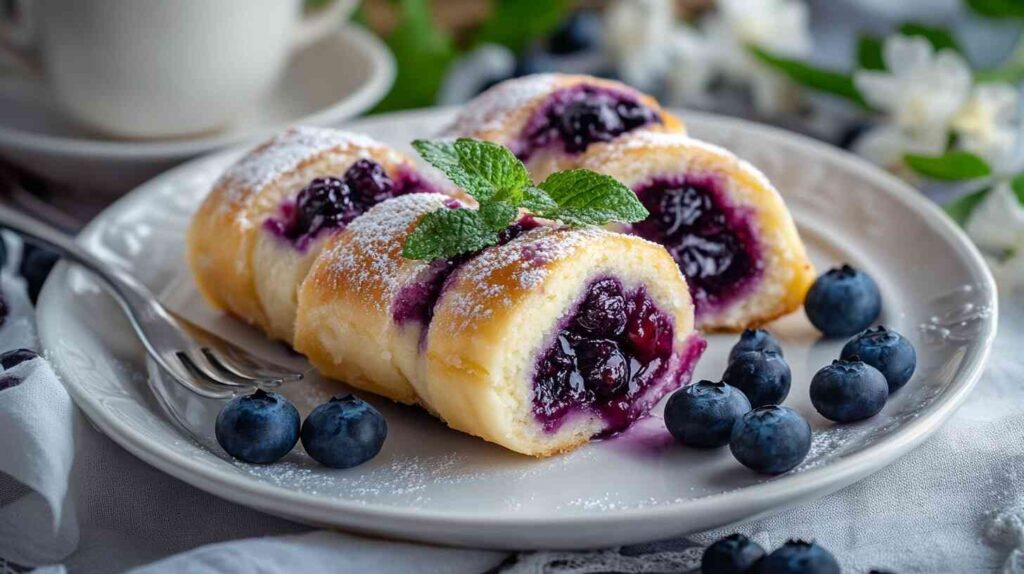 Blueberry cheesecake rolls on a white plate with fresh blueberries and mint garnish