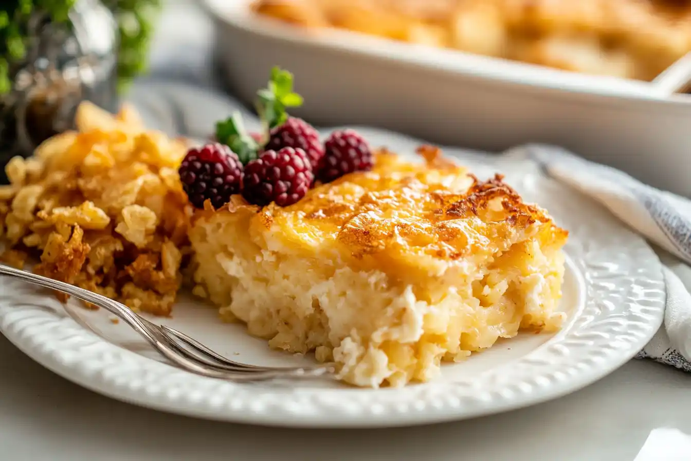 A slice of breakfast casserole on a white plate with crispy hash browns and fresh berries, accompanied by a fork and napkin.