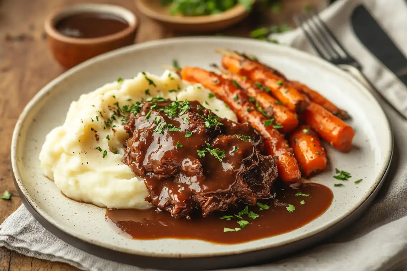 Shredded beef chuck roast with mashed potatoes and roasted carrots on a rustic plate.