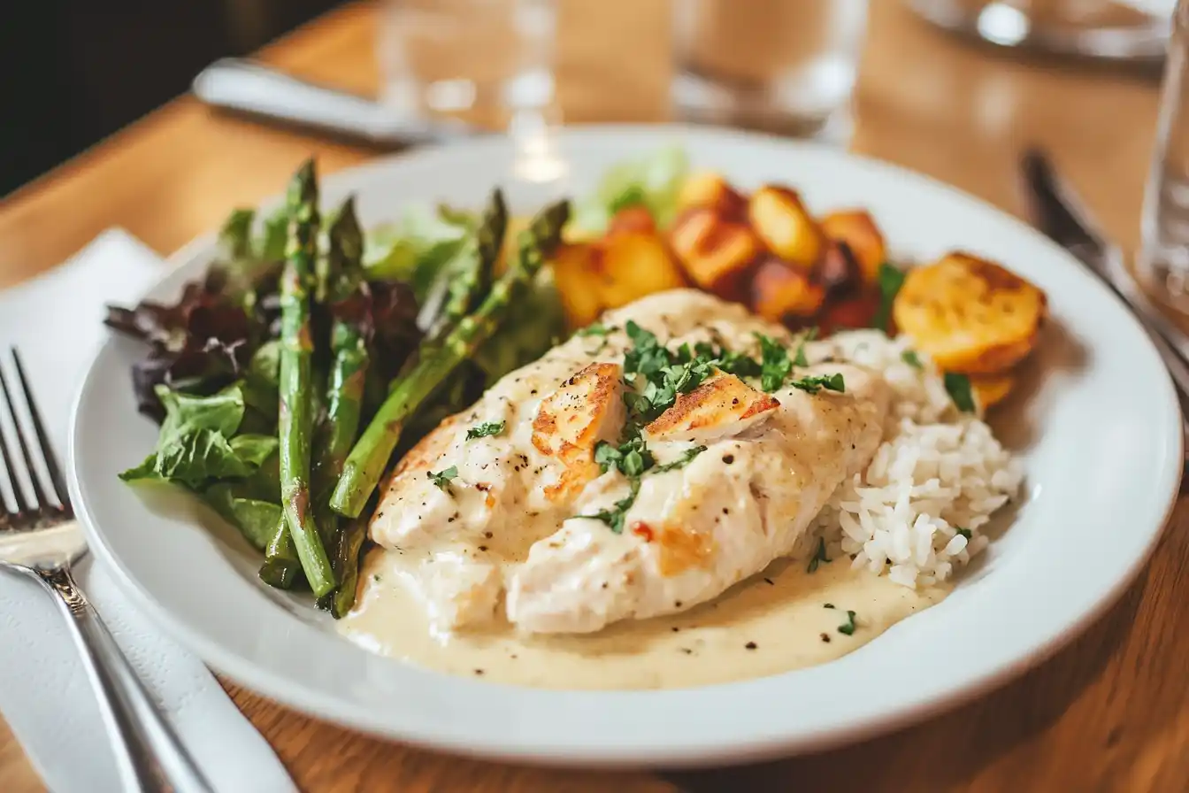 A plate of creamy chicken and rice with roasted asparagus and a side salad on a wooden table.