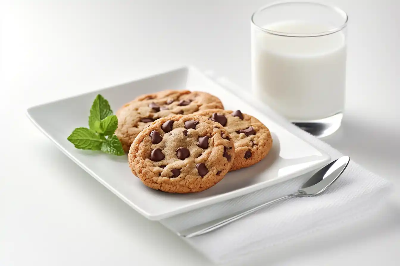 A plate of small batch chocolate chip cookies with a cup of coffee and a side of fresh berries.