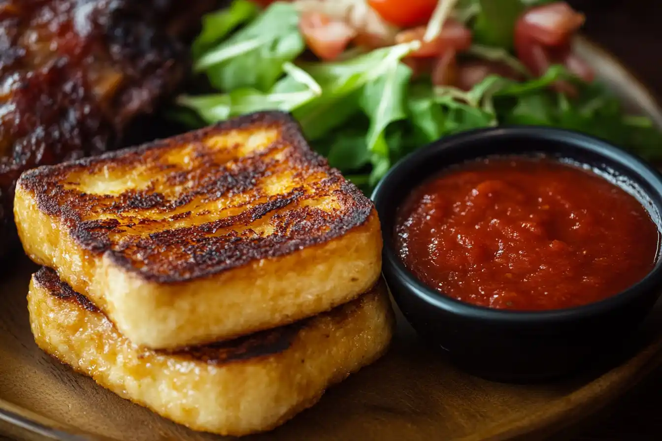 A plate of Texas Toast with marinara sauce, BBQ ribs, and a salad on a dining table